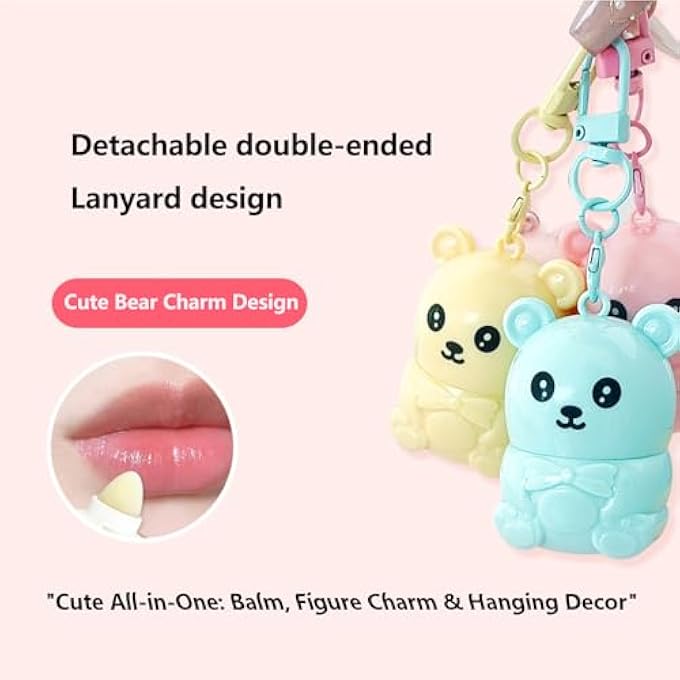 ADMD CUTE BEAR LIP BALM KEYCHAIN 3-PACK - STRAWBERRY, BLUEBERRY, HONEY FLAVORED, MOISTURIZING & PORTABLE LIP CARE FOR GIRLS WOMEN - Image 4